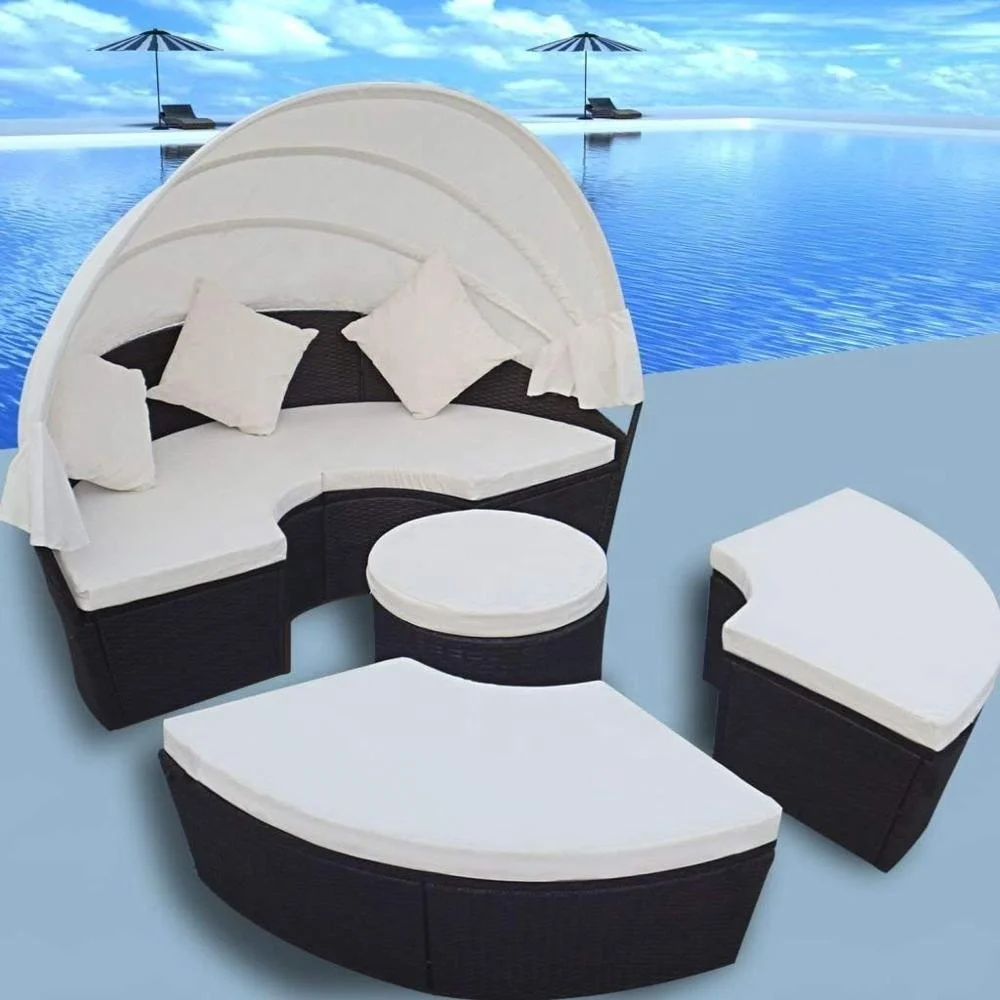 2-in-1 Rattan Sofa Sunbed Round Outdoor Daybed Sofa Set with Retractable Canopy 73' x 57'