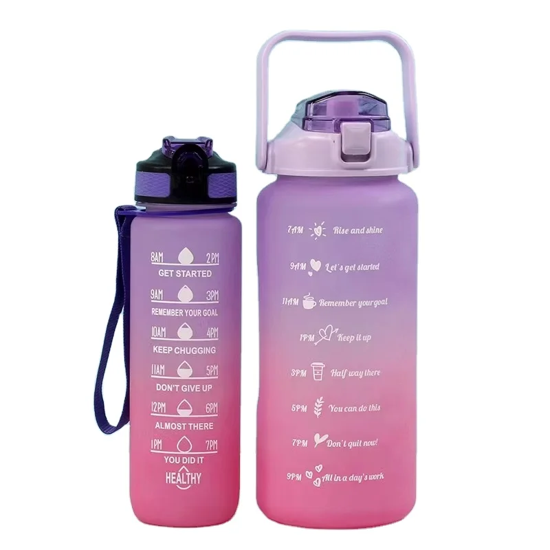 Wholesale BPA Free Gym Sport Bottle1L 32oz And 2 L 64oz Plastic Motivational Sport Water Bottle Bottle set With Handle