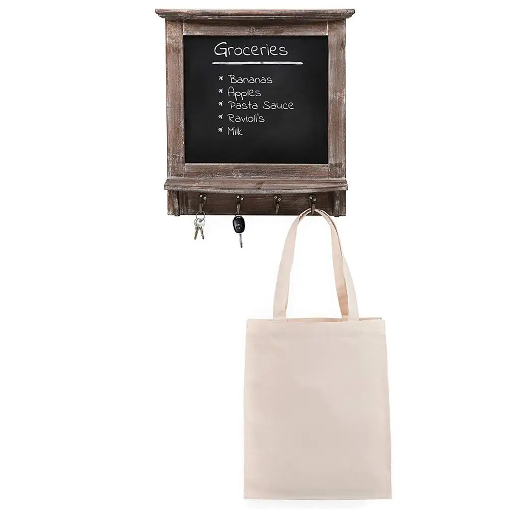 
Wall Mounted Country Brown Rustic Wood Framed Memo Black Chalkboard with 4 Hooks for Keys 