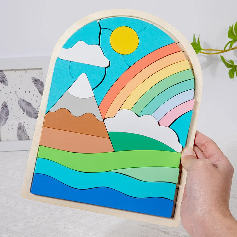 Factory Price Wooden Matching Iridescence Multiple Themes Educational Toy for Unisex Kids Scenery Block Board 3D Jigsaw Puzzle