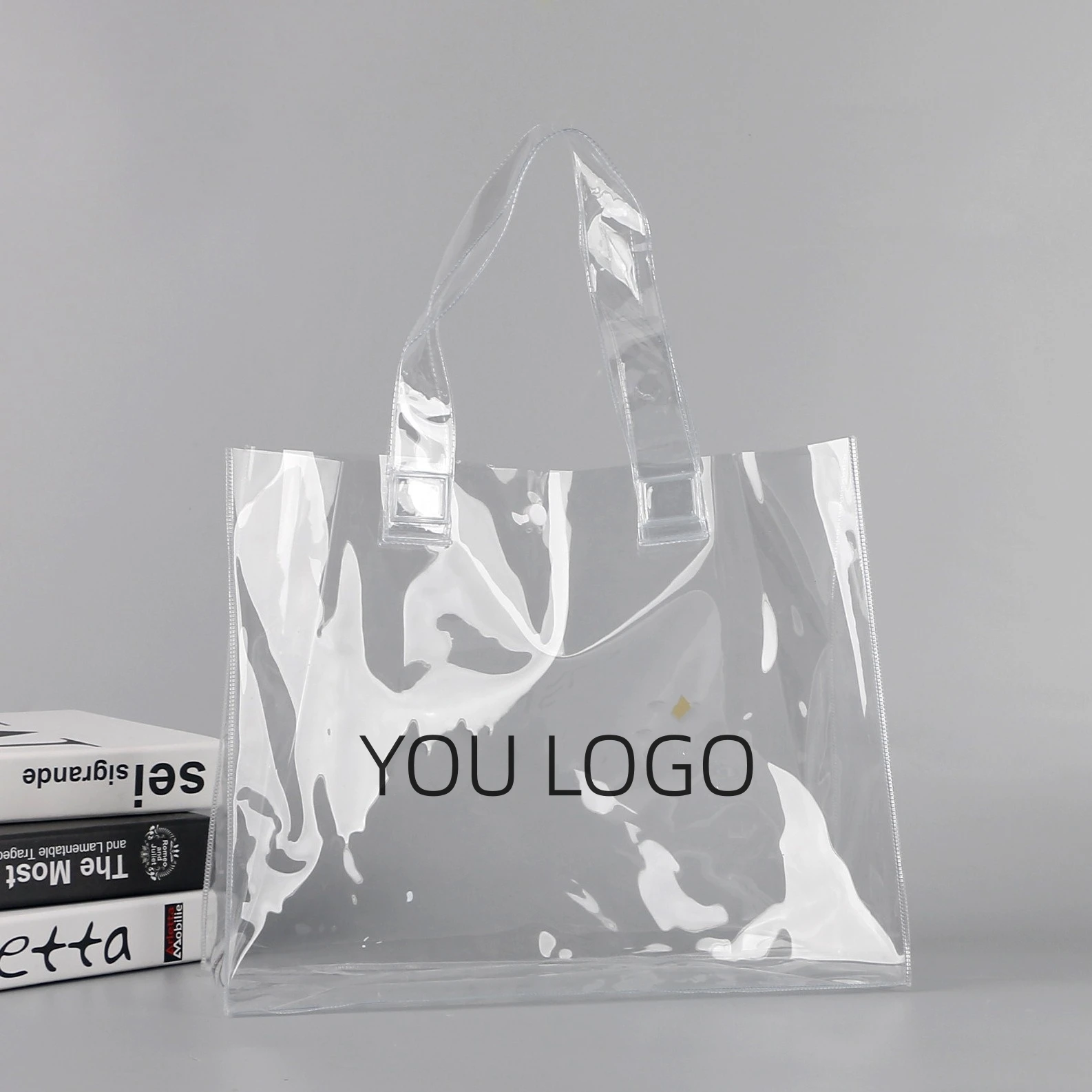 Custom Women Clear Tote Bag plastic bag Waterproof PVC Transparent Shopper bag with handle and button