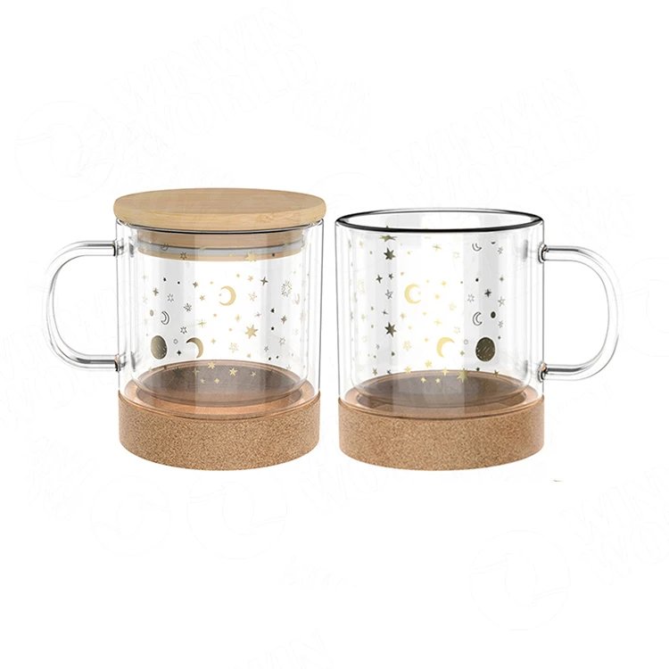 
2021 New Arrival Double Wall Printed Glass Coffee Cup, Borosilicate Glass Mug Custom Cappuccino Cup, Tea Cup with Bamboo Lid 