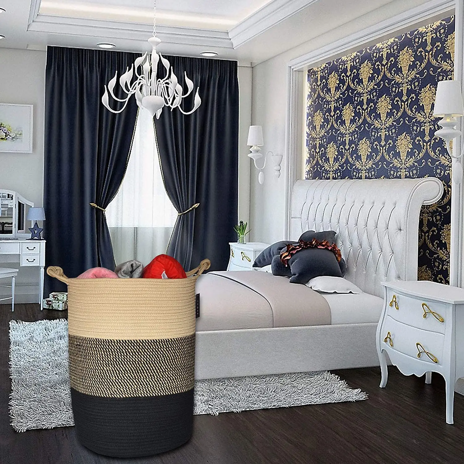 Wholesale 75L  cotton fabric  jute yellow foldable cotton rope laundry storage basket for kids room with elegant handle