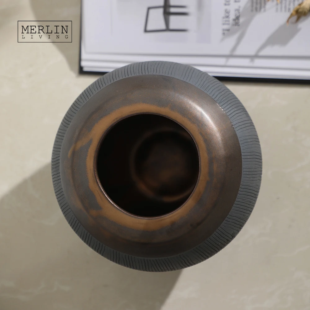Merlin Living vintage metal copper glazed plating pottery vase fluted geometric spherical round home decor for ceramic vase