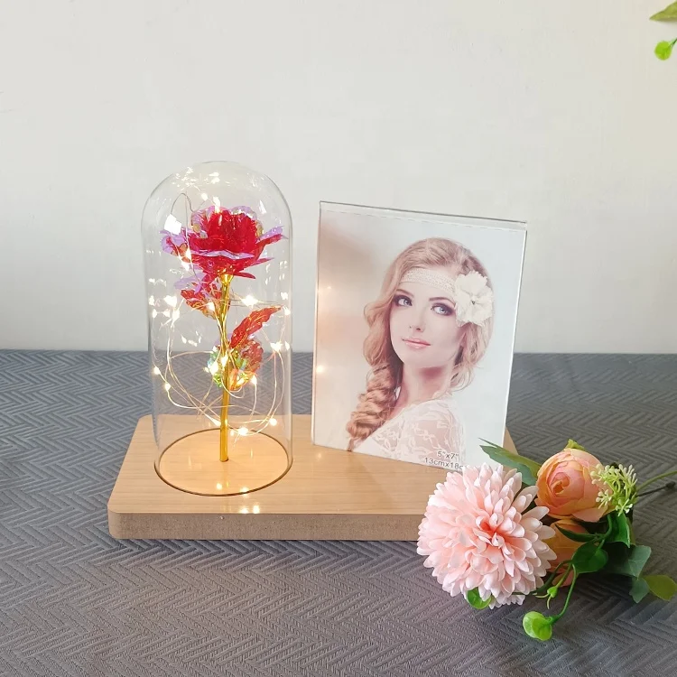 New Modern Luxury Bedroom Wooden Photo Frame Shelf Rose Flower LED Light Glass Tabletop Lamp Home Decor
