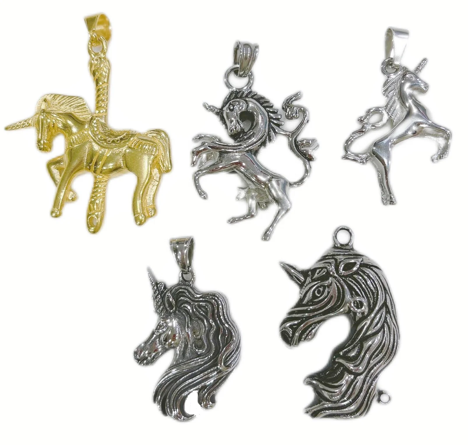 316L Stainless steel wholesale Vintage Unicorn Head Pendant 24 inch Chain Necklace Unisex Men Women 18K gold plating  Horse