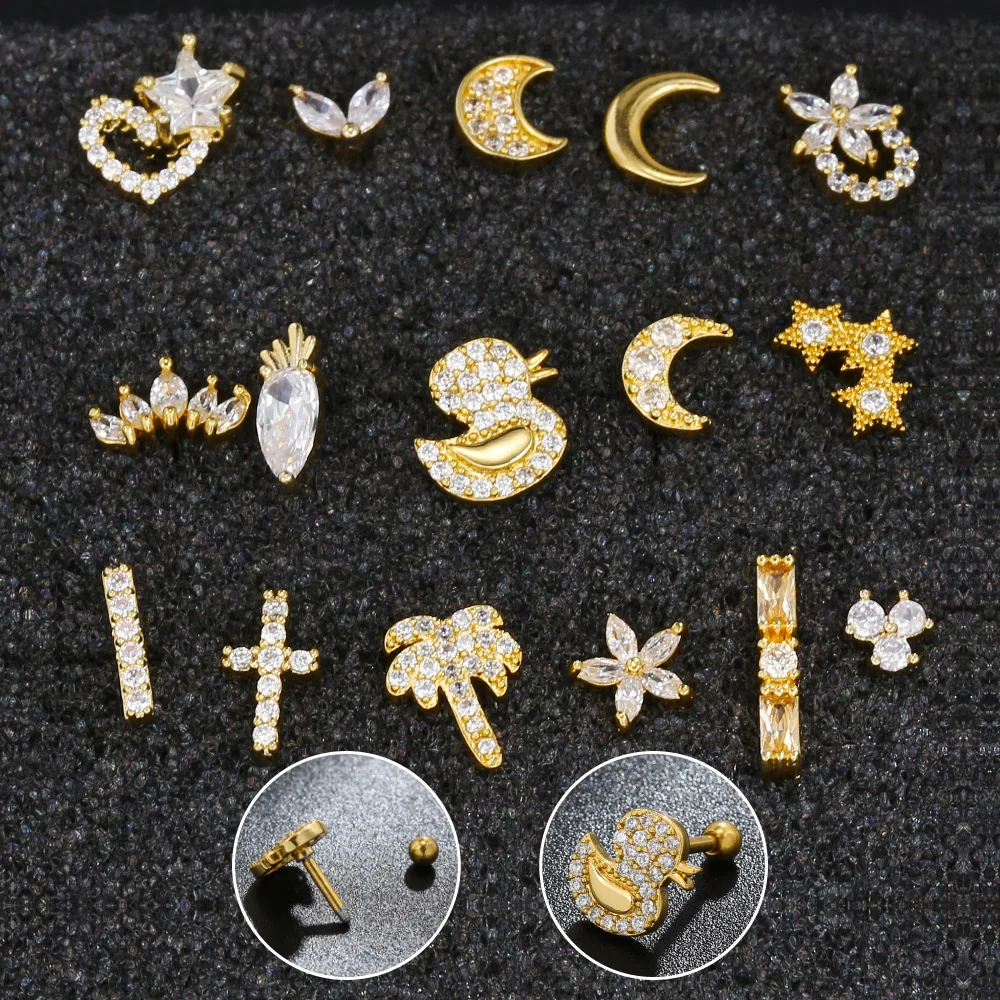 New Piercing Jewelry Creative Earrings Gold Zircon Fashion Ear Bone Screws Moon Star Duck Carrot Small Earring Studs For Women