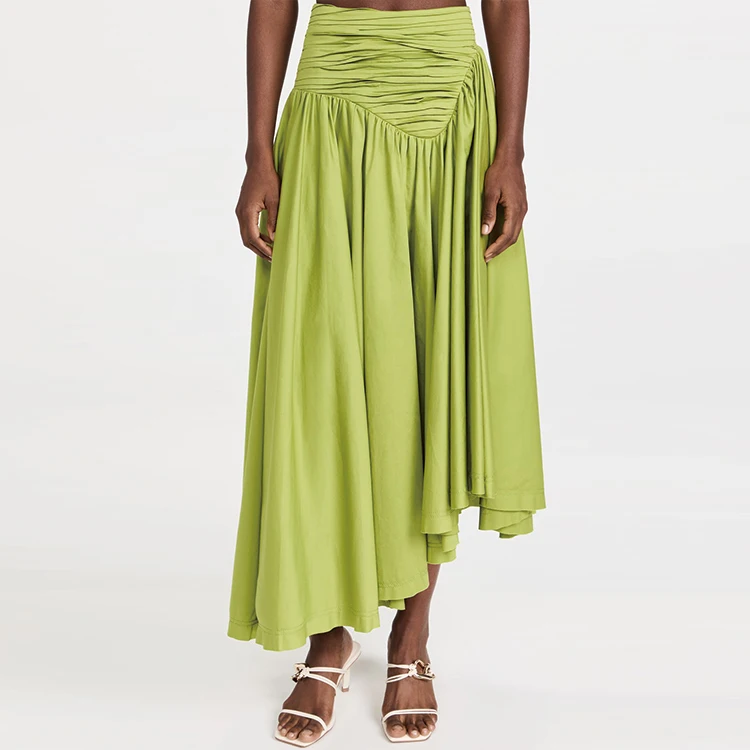 Fashion style ladies asymmetric midi skirt custom fabric solid color women skirts