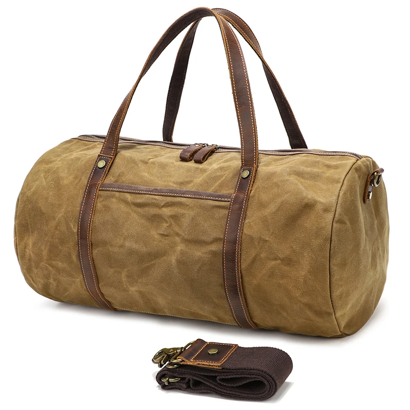 Oil Waxed Canvas Leather gym Sport Travel Bags Vintage Barrel Round Duffel Bag for Men Women