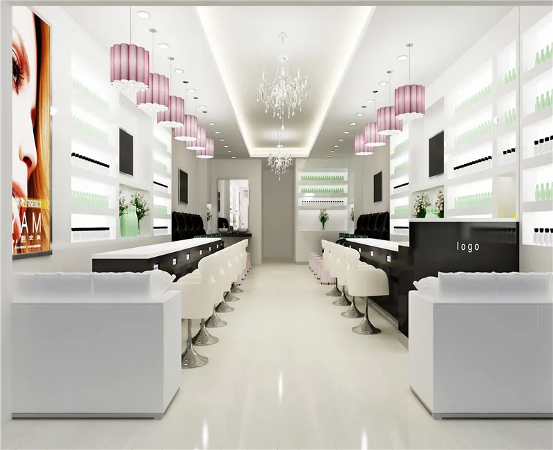 Custom Beauty Shop Decoration Nail Furniture Glass Salon Nail Salon Store Design with Pedicure Chair Nail Salon Furniture Modern