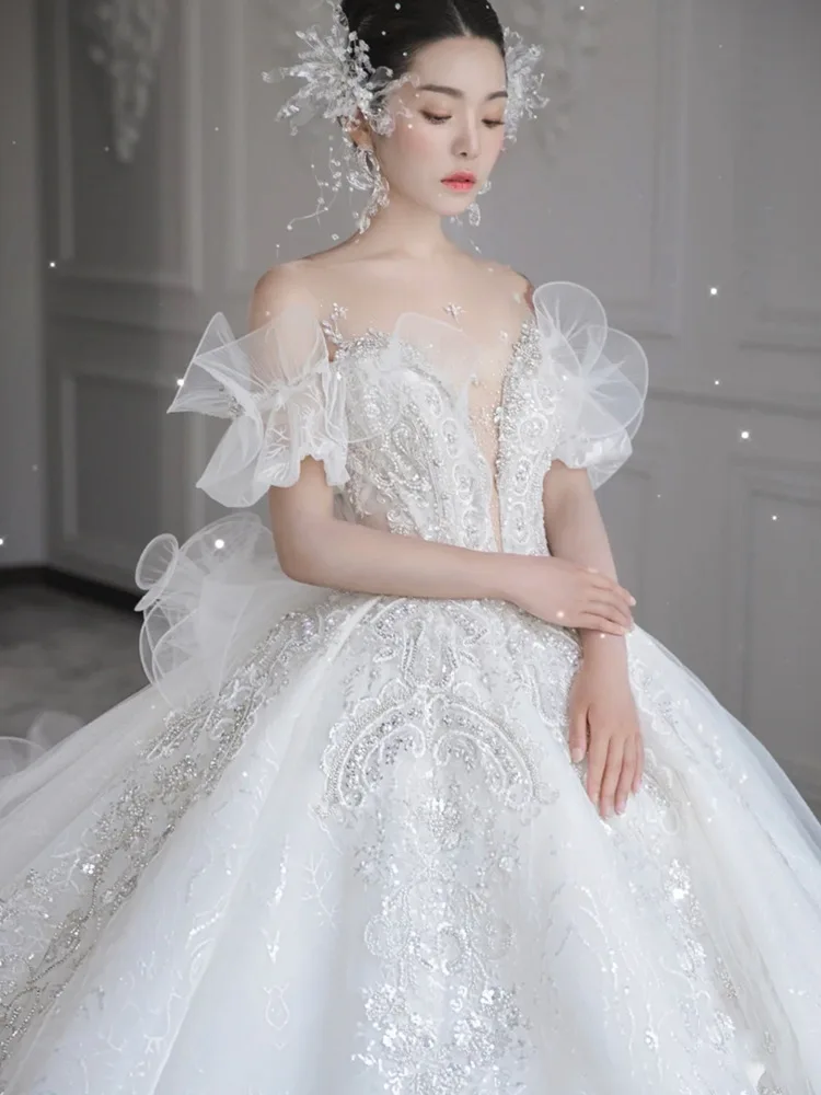 White French light wedding dress 2021 new bride princess super fairy luxury palace style high-end large tail wedding dress