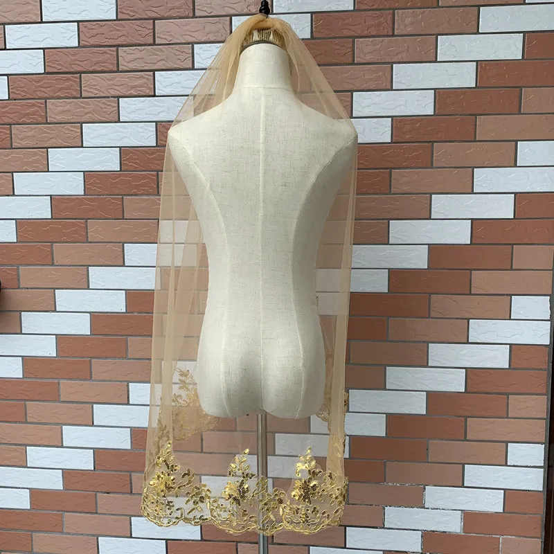 Trendy bride headwear accessories head cover 80-100 cm gold red green blue ivory sequin lace wedding bridal veil with comb