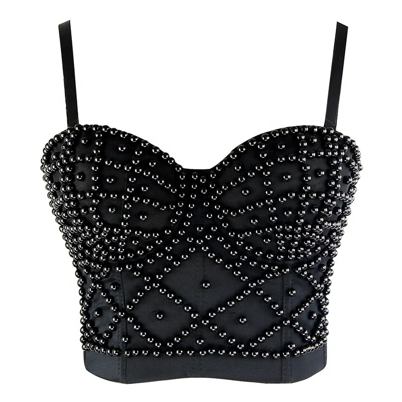 Fashion Sexy Black Beading Pearl Bra Party Women Strapless Half Cup Bustier Corset