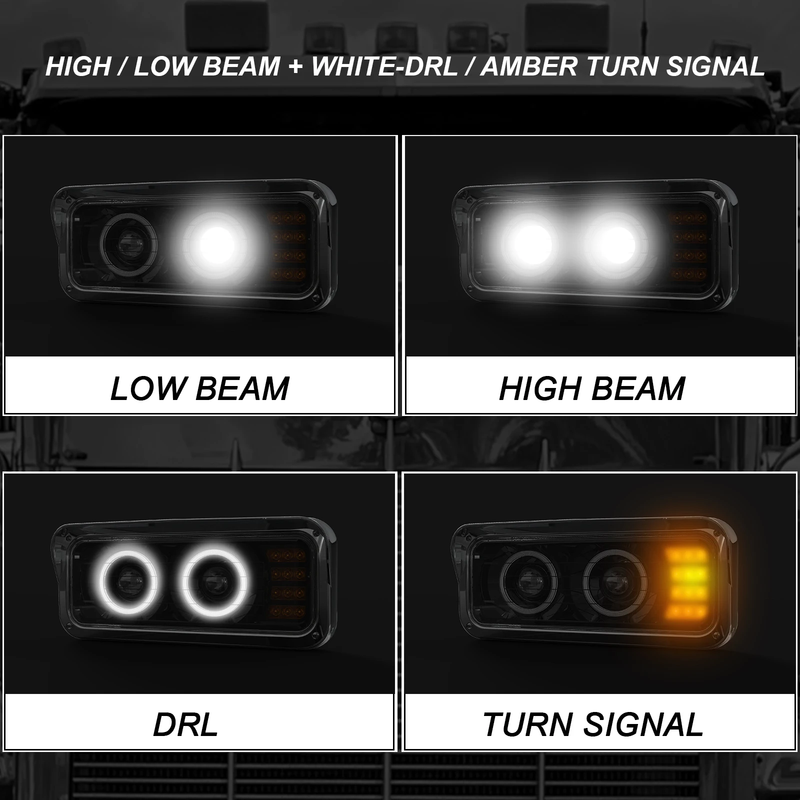 Chrome Plastic Dual Rectangular LED Headlight for Kenworth T600 T800 W900 Peterbilt 378 Trucks with Clear Lens faros de leds