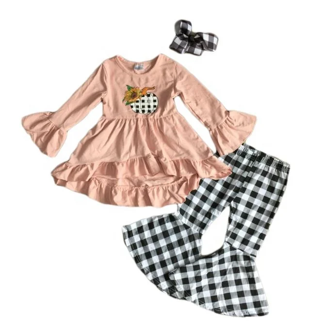 baby girls  Fall winter Halloween cute  pumpkin solid ruffle dress top plaid bell  pants set
