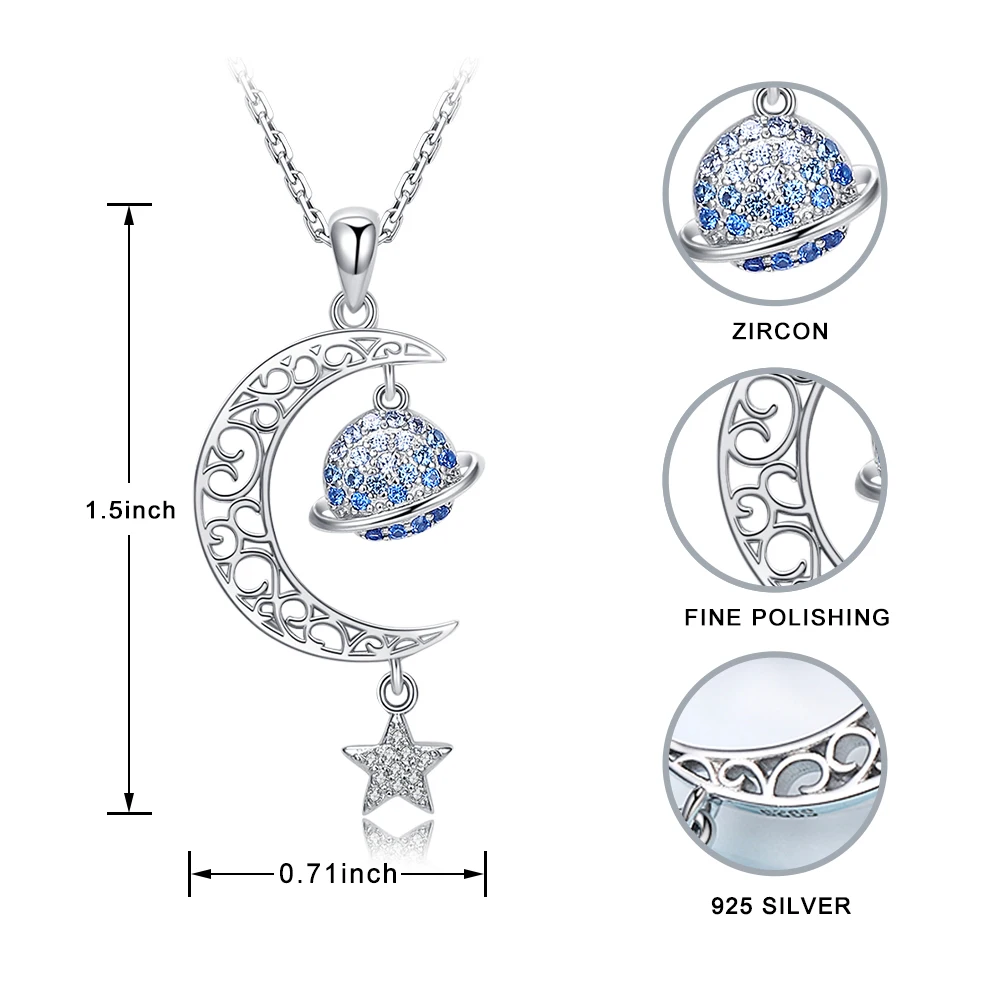 Wholesale 925 sterling silver inlaid blue zircon delicate and lovely half moon planet star tassel shape ladies necklace