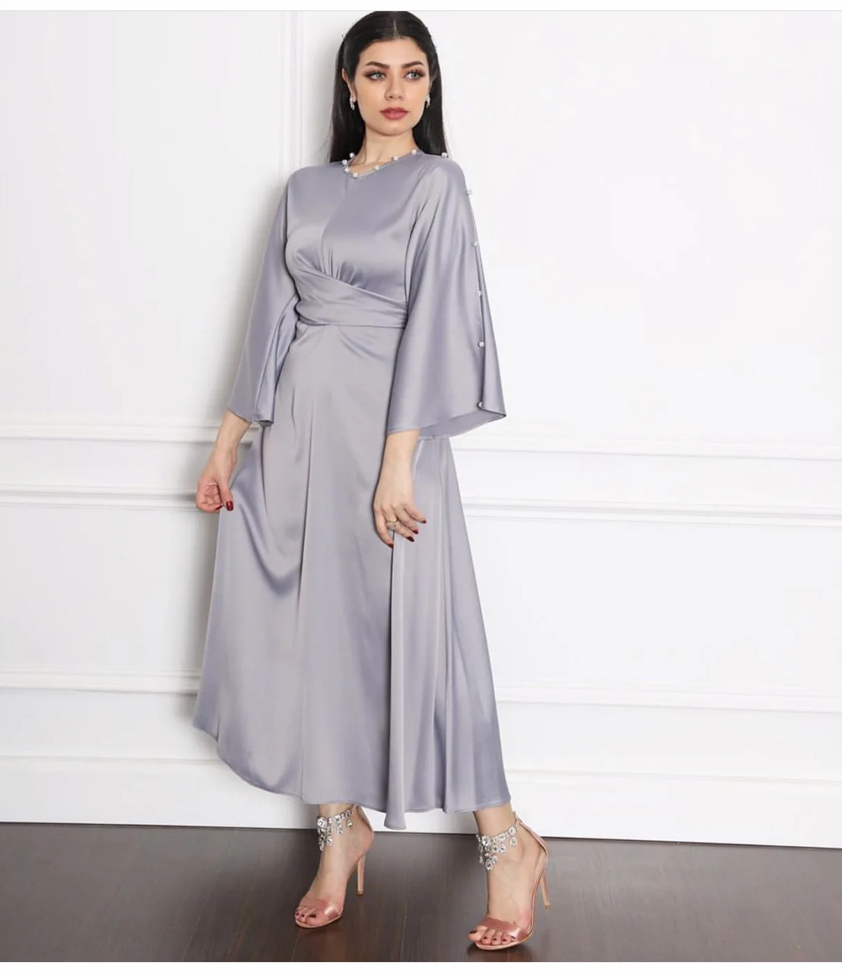 High quality silk fabric new arrivals casual dresses summer elegant party women abaya kaftan style Islamic clothing