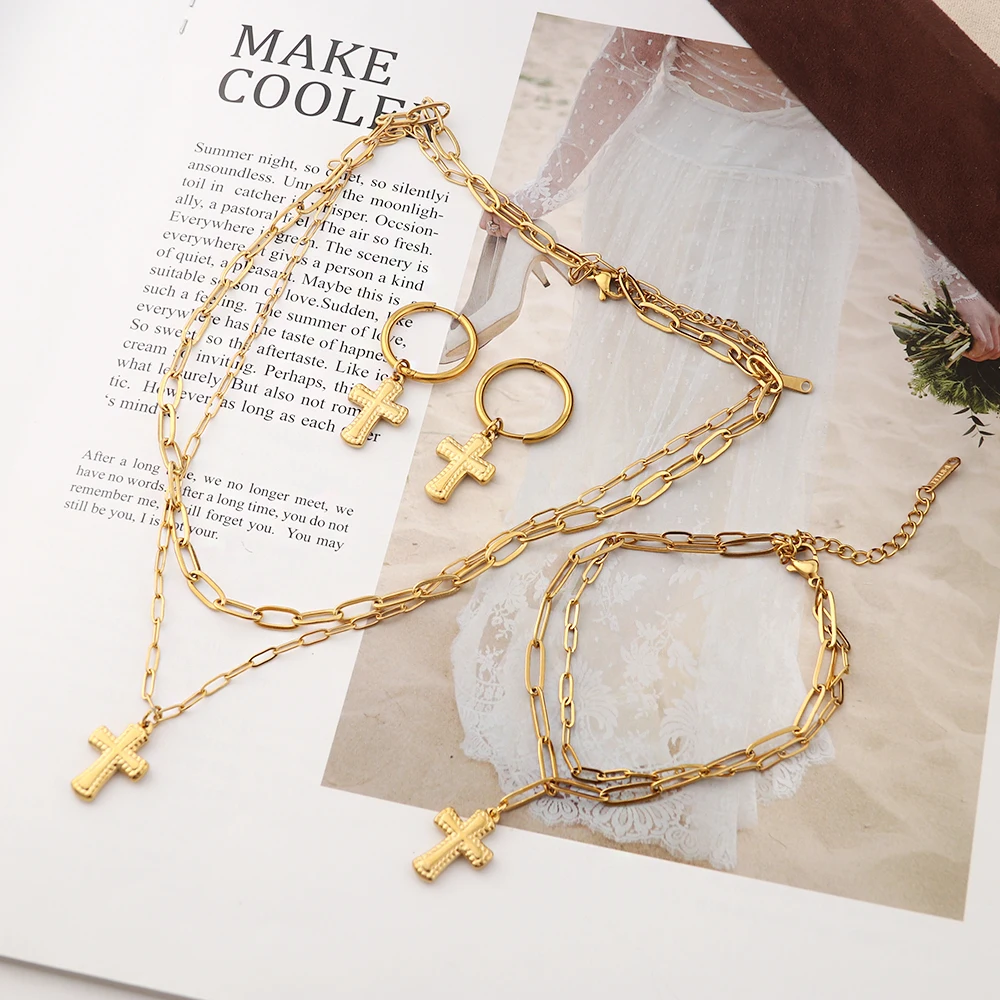 EH24112 Fashion Jewelry Set Gold Plated Stainless Steel Double Chain Cross Pendant Necklace Bracelet Earrings For Women