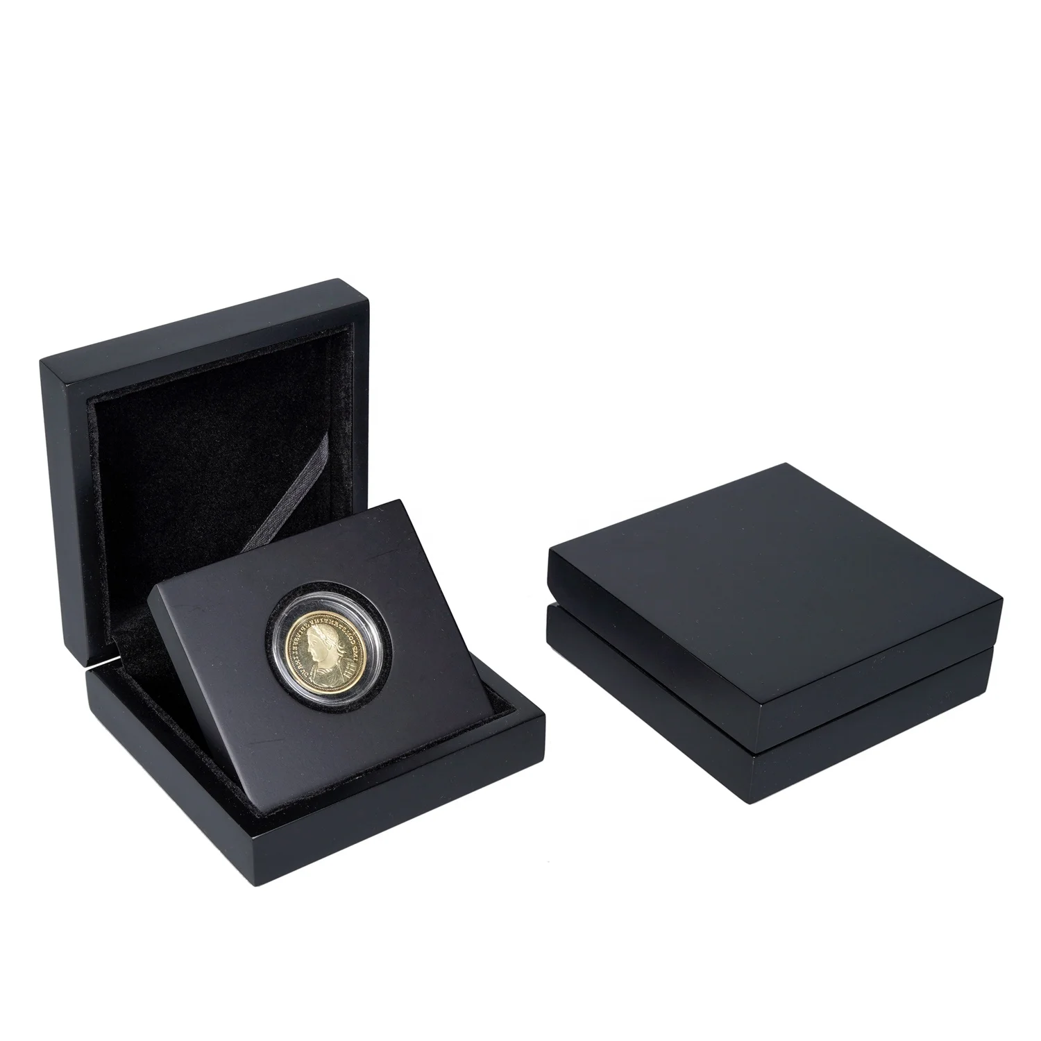 Wholesale Handmade Custom Single Gold Silver Commemorative Coin Display Boxes Small Black Coin Holder Box