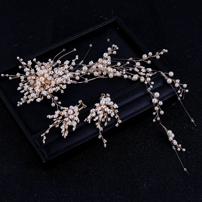3 Pcs/set Fashion Women Long Crystal Pearl Hair Band Earrings Set Bride Wedding Dress Accessories Headwear Earring Pendent