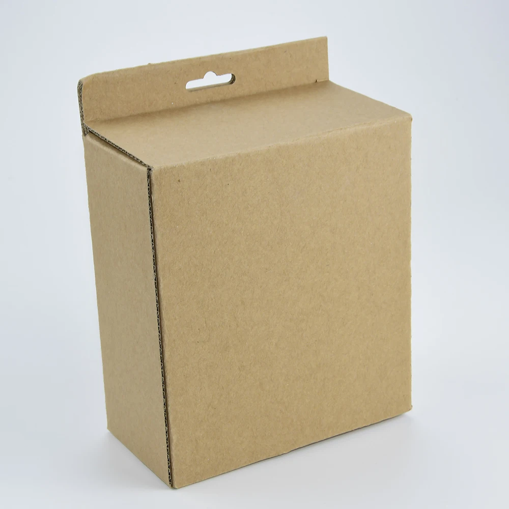 Biodegradable Flat Collapsible Hanger Box Corrugated Natural Brown Kraft Paper Packaging for Phone Case Power Bank Packaging