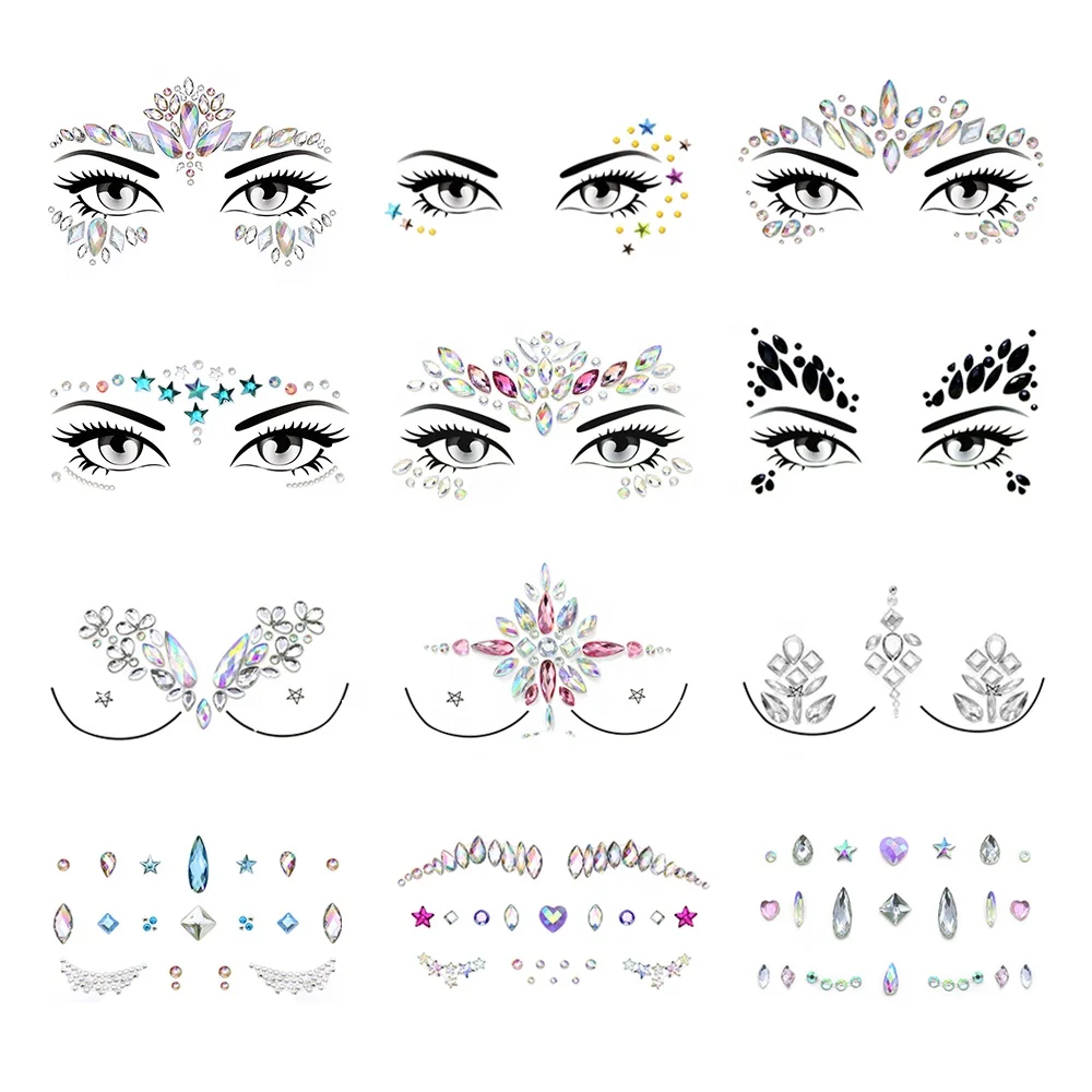 Hot Sale Woman Party Festival Temporary Tattoo Rhinestone Body Sticker Adhesive Crystal Gem Face Jewel