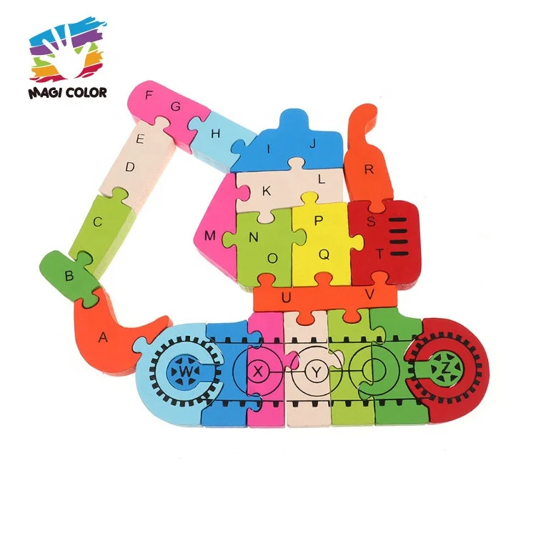 Оптовая продажа развивающая игрушка красочная деревянная головоломка в форме экскаватора алфавит для детей