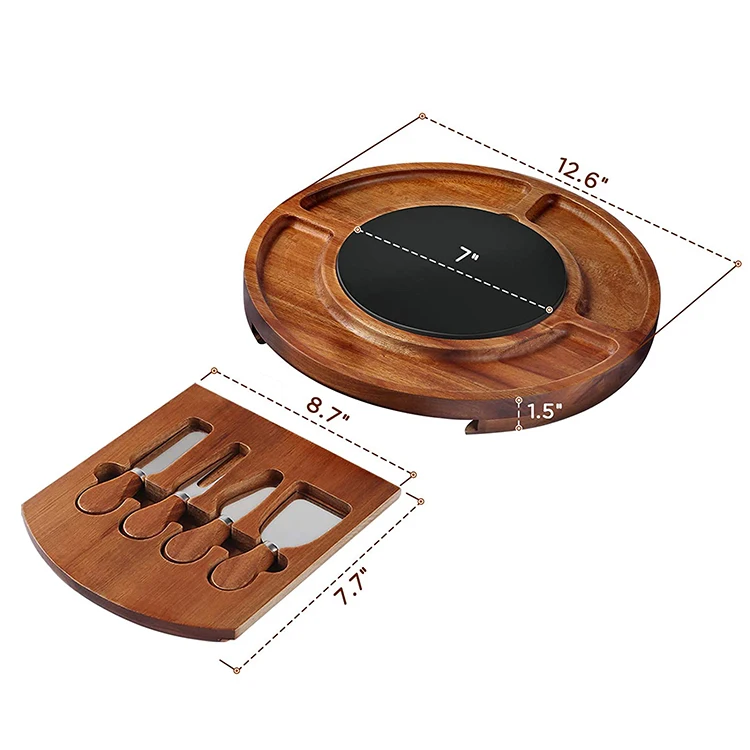 Custom logo modern round charcuterie platter set marble acacia wooden cheese board with knives
