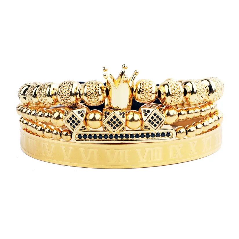 Classic Design Luxury Men Jewelry CZ Diamond Crown Charm Gold Stainless Steel Roman Bangle Macrame Bracelet Set Men