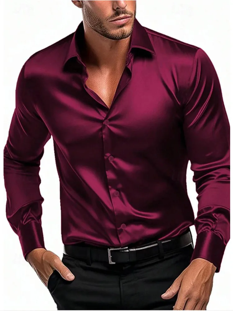 Luxury Plain Silk Mens Dress Shirts Long Sleeve Pure Purple Red Solid Suit Shirt Casual Formal for Wedding Business