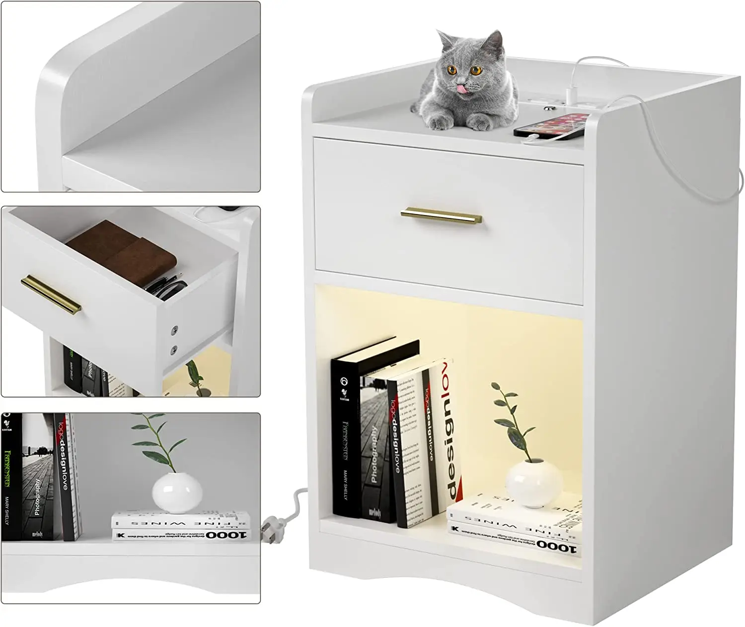 Led Nightstand with Charging Station Two Usb Ports and Outlets Bedside Table Home Furniture Package Bedroom Furniture White