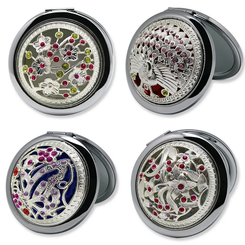 New Arrival Fashion Beauty Makeup Creative Cosmetic Mirror Vintage Gifts Gold Metal Crystal Rhinestones Jewel Pocket Mirror