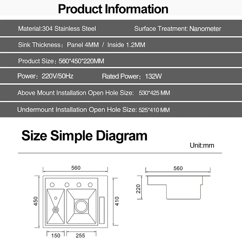 Nano Black SUS 304 Stainless Steel Smart Purifying Kitchen Sink Hidden Cup Rinser Handmade Sink Ultrasonic Sinks
