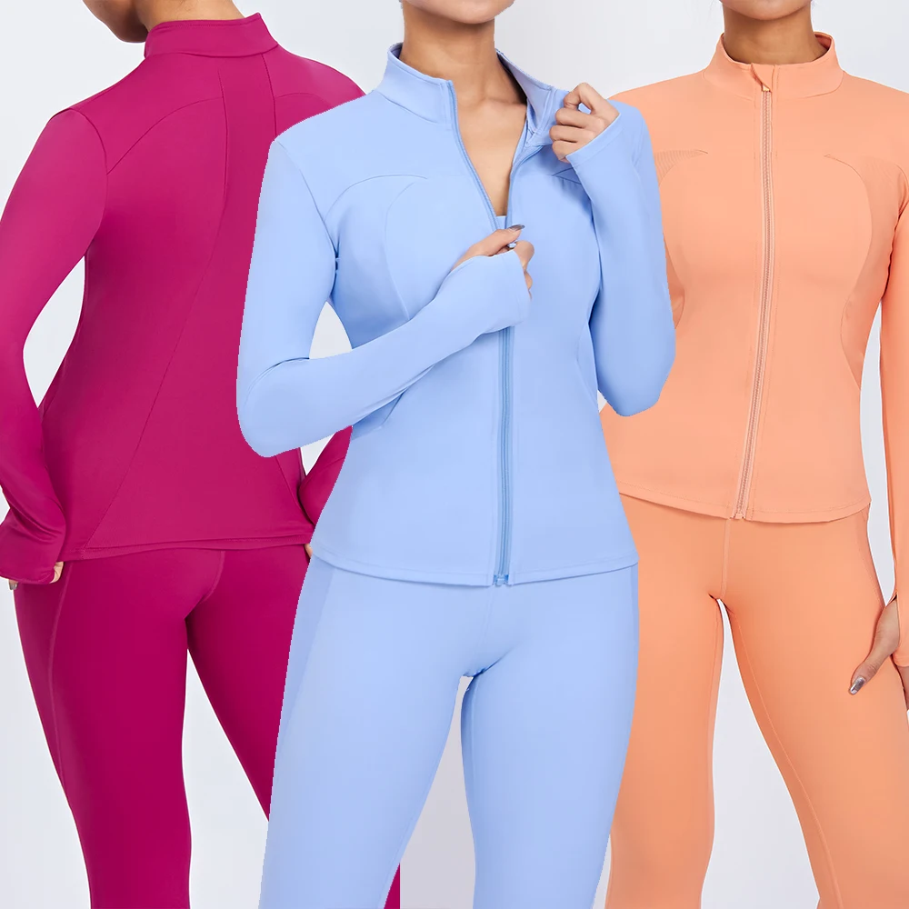 Custom new women fitness Yoga top front full zip jacket with pockets long sleeve slim fit top