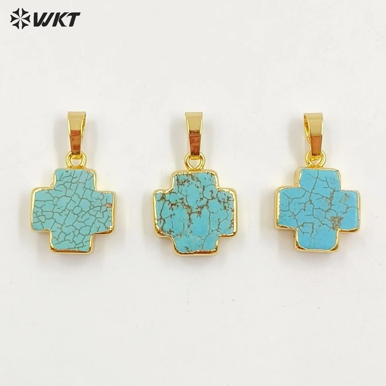 WT-P952 Vintage 18K Real Gold Plated Natural Turquoise Made Cross Pendant Bohemian Green Stone Jewelry Charms For Necklace