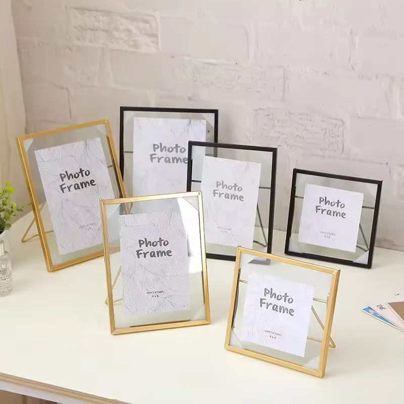 Desktop square different sizes aluminum photo frame Handmade photo frame transparent glass metal photo frame