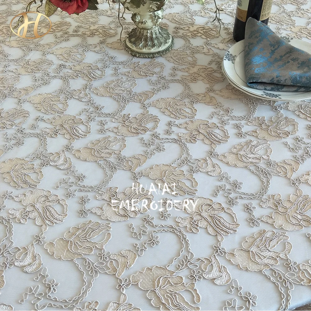 
READY 132 INCH ROUND luxury champagne TABLE OVERLAY CLOTH EMBROIDERY ON MESH FOR WEDDING AND PARTY 