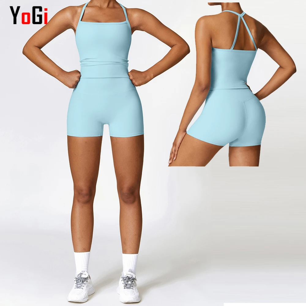 High Quality 2 Piece Women Summer Cross Neck Push Up High Waisted Shorts And Top Yoga Bra e Short Gym Fitness  Set