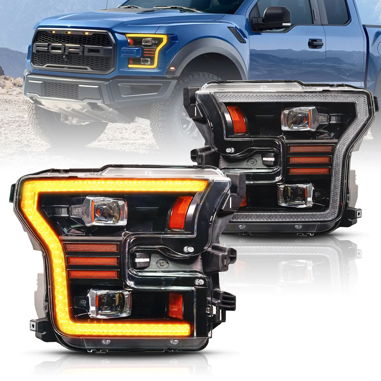 Оптовая продажа, архаический налобный фонарь для запуска анимации для raptor 2016-2021 для FORD F150 pick up 2015-2017, светодиодный налобный фонарь для F150