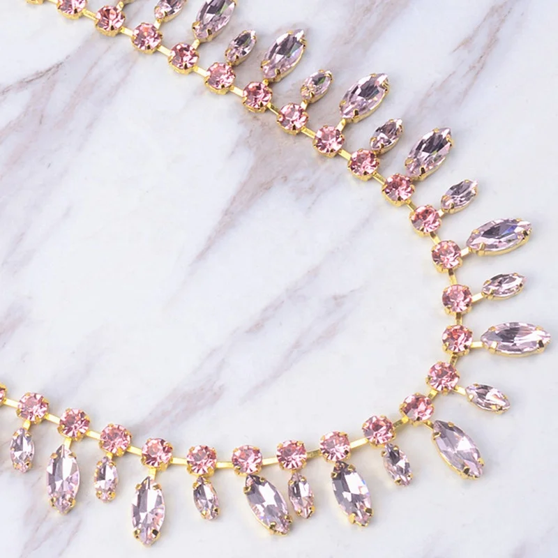 Handmade Horse Eyes and Round Glass Rhinestone Crystal Tassel Gold Plated Metal Cup Chain Flower Trim DIY Bridal Dress Belt Shoe