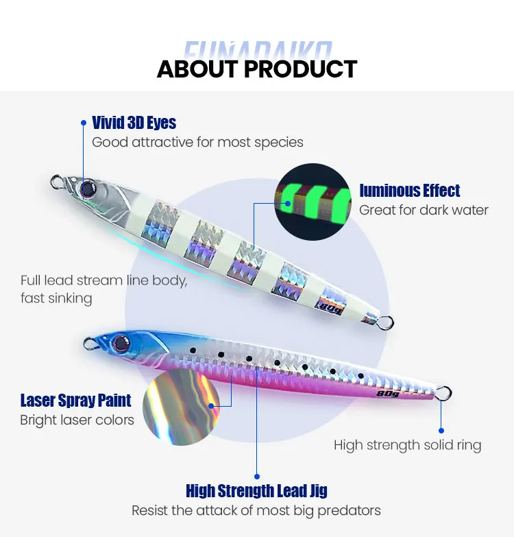 FUNADAIKO popular flying lure speed sinking luminous simulated bait with hook saltwater fishing lures metal