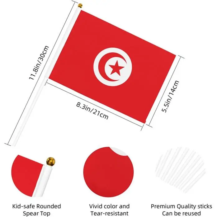 Festival Tunisian Hand Held Stick Waving Flag Of Tunisia With Plastic Flagpole Polyester Good Quality Digital Printing