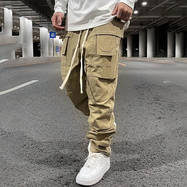 Fashion Nylon Men Streetwear Casual Drawstring Wide Leg Stock Multi Pockets Cargo Pants