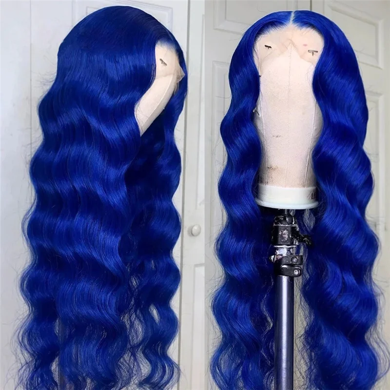 Wholesale Blue Color Human Lace Front Wigs Unprocessed blue Peruvian Human Hair Wig 40 Inch Long Blue Body Wave Wig