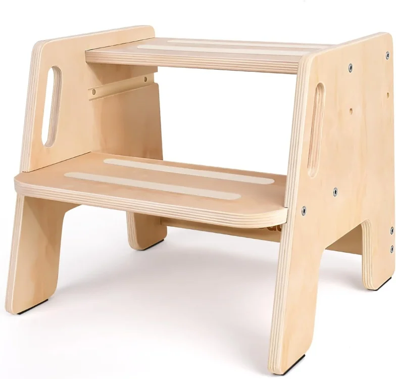 plywood Wooden Height-Adjustable 2-Step Stool for Kids, Potty Training Stool with Handles for Bathroom Sink