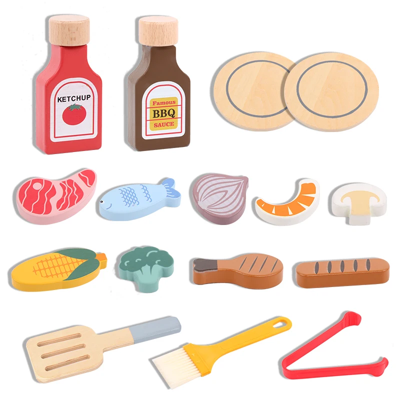 Mumoni Kids Wooden Grill Toy Set Funny Pretend Play Cooking Games Children Colorful Kitchen Toys
