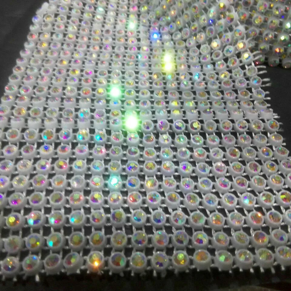 Plastic Rhinestone Sheet  Trimming Elastic Mesh Chain Rolls 24 Rows With Black & Transparent AB Crystal Wholesale Supplier
