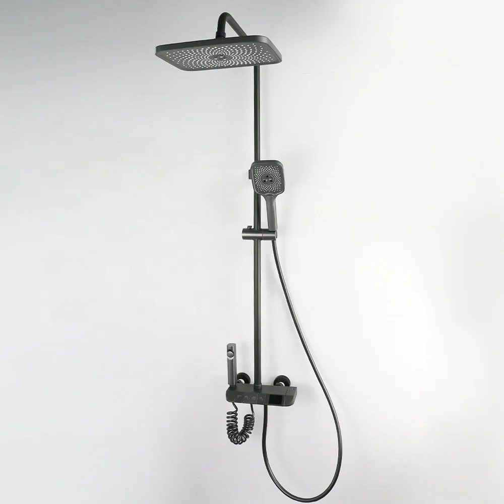 Gun Gray Square Shower Head 3 Modes Handheld Sprayer Brass Piano Shower Set Thermostat Shower System Faucet Set With Tub Spout