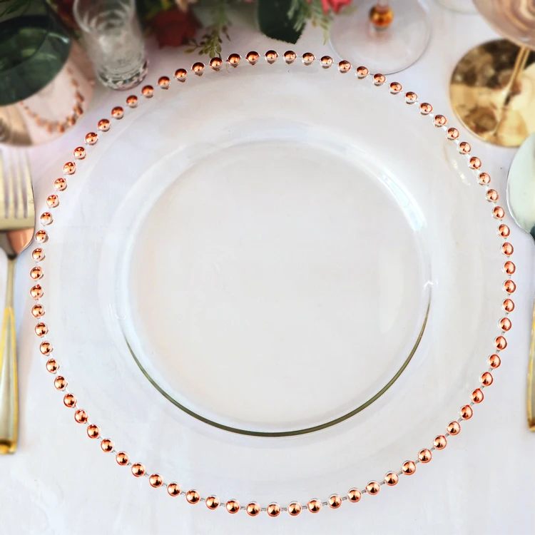 Круглые тарелки из прозрачного золотого стекла с бисером