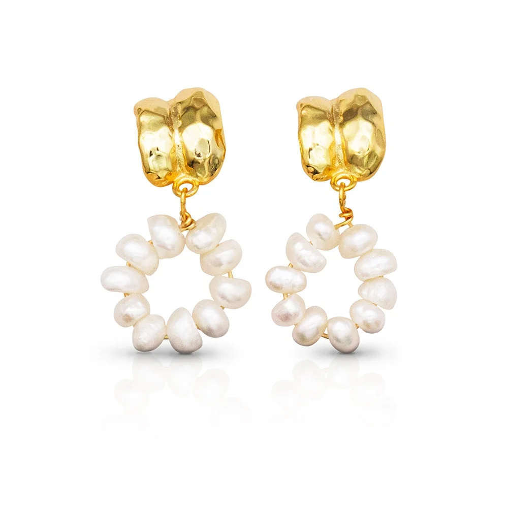 Chris April trendy in stock 925 sterling silver 18k gold plated baroque pearl hoop jewelry earrings